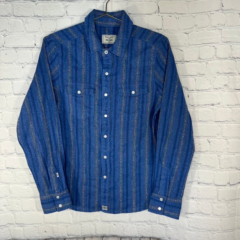 Kimes Ranch Mens Blue Striped Cotton Linen Western Button Down Shirt Small